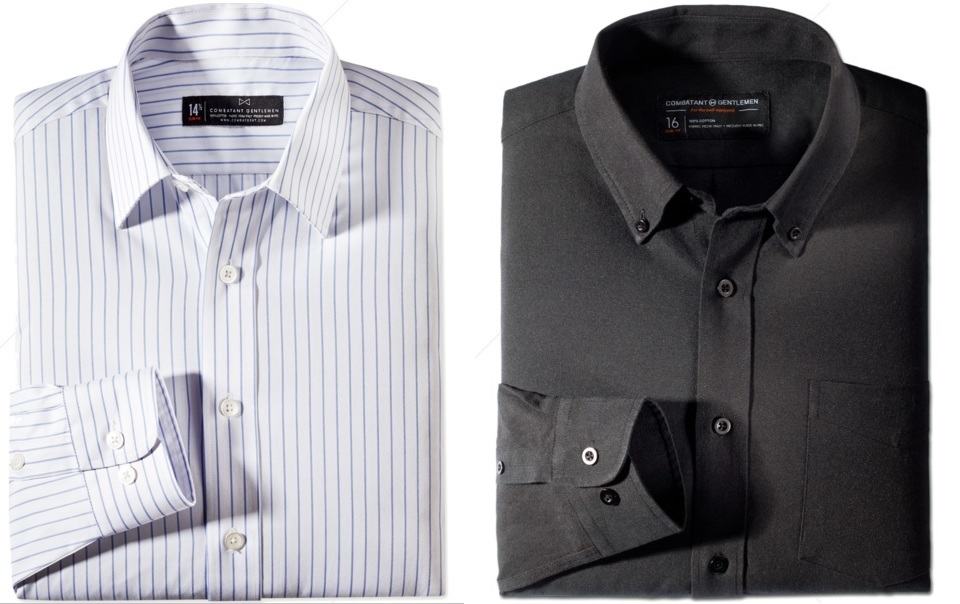 combatant gentleman - shirt essentials - merger blue and white stripe - black oxford
