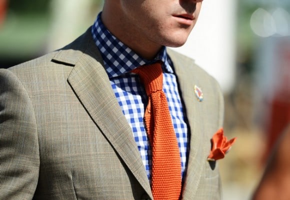 orange-knitted-tie-blue-check-plaid-shirt-grey-suit-business-casual