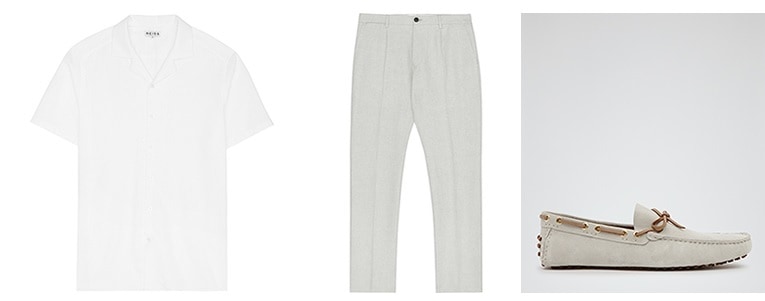 Shades of Summer by Reiss - alder textured cuban collar shirt white - rubus linen formal trousers stone - brooke suede driving shoes
