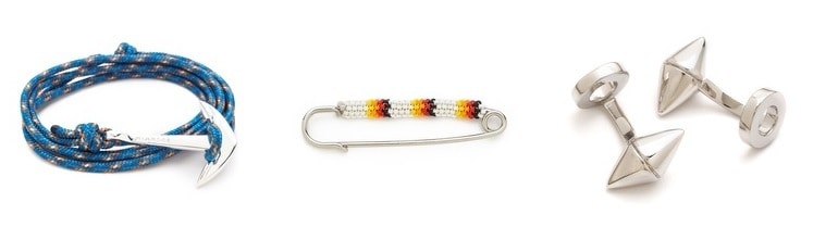 Refine Your Style with East Dane - miansai anchor rope bracelet - warhorse workshop beaded pin - eddie borgo cone cufflinks