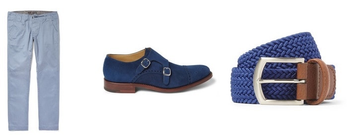 mr porter - blue  - nn.07 twill chinos - o'keeffe monk shoes - anderson's woven belt