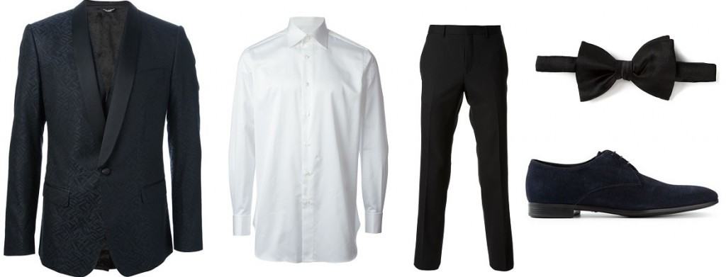 7 Men's Outfits Perfectly Suited for Cocktail Attire - farfetch blazer - dress pants - white shirt - bow tie - blue shoes